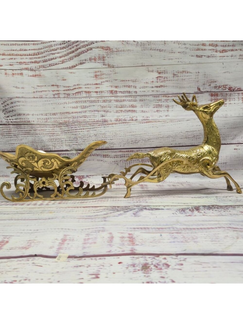 Vintage Brass Christmas Sled & Prancing reindeer Ornate collectible Holiday deco